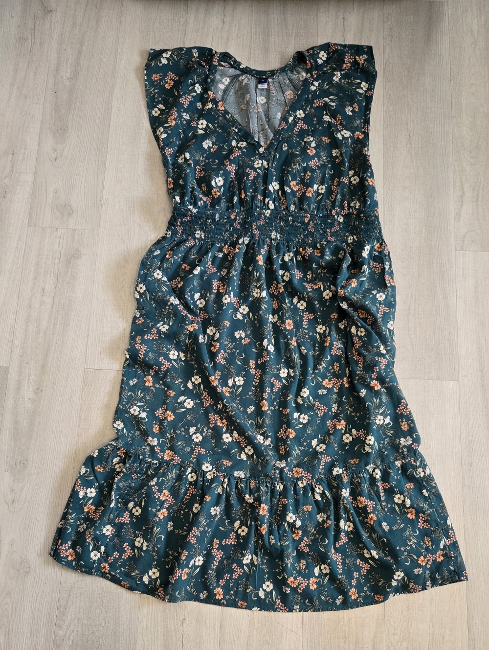 Old Navy Cottagecore Teal Green Floral V-Neck Ruffle Midi Dress